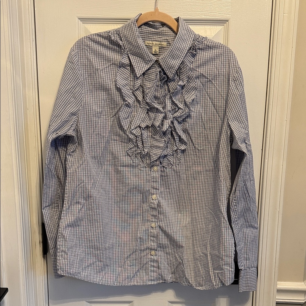 Banana Republic Ruffle Front Plaid Button Down Blouse Sz XL